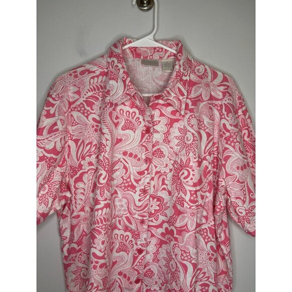 ERIKA Linen Blend Button Up Short Slv Shirt Womens XL Pink Floral Beach Summer - Picture 5 of 6